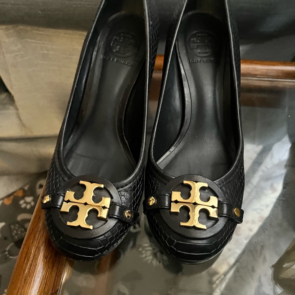 Tory Burch Black Flats with Gold Emblem